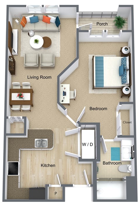 Floor plan for 1 bed, 1 bath, 703 sqft